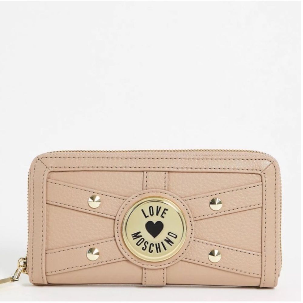 LOVE MOSCHINO genuine leather beige nude full size zipper wallet